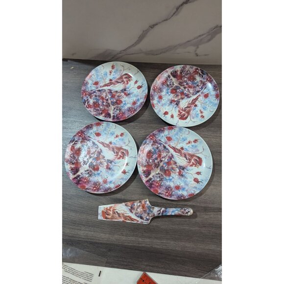 Judy Buswell Winter Watch Plate Set 4 Dessert Plates & 1 Server 8" Bird Design - Picture 3 of 6